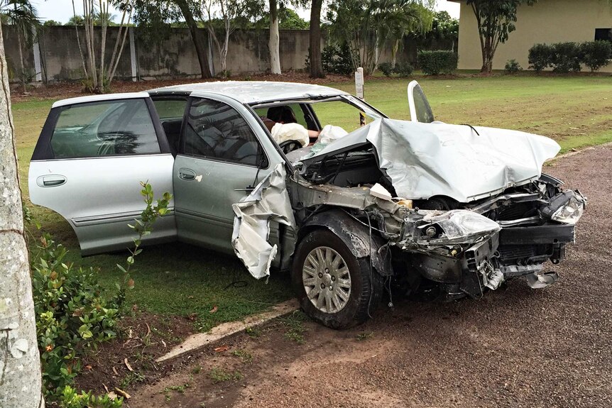 The 78yo woman driver's car after crashing into the church in Darwin's north.