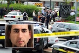 An inset of Jarrod Ramos over the scene of the Maryland shooting.
