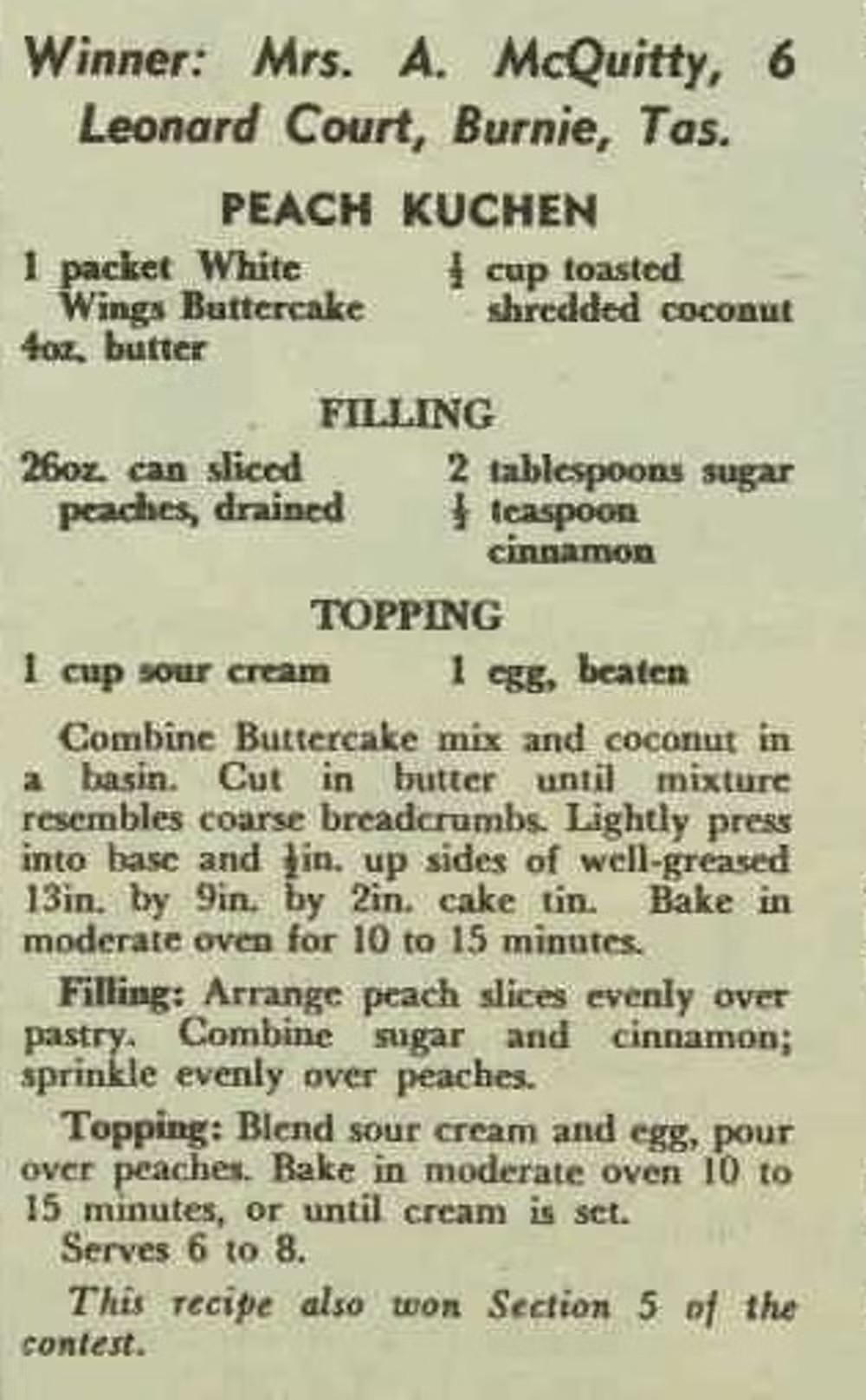 A newspaper clipping with a recipe for Peach Kuchen from competition winner Mrs A McQuitty
