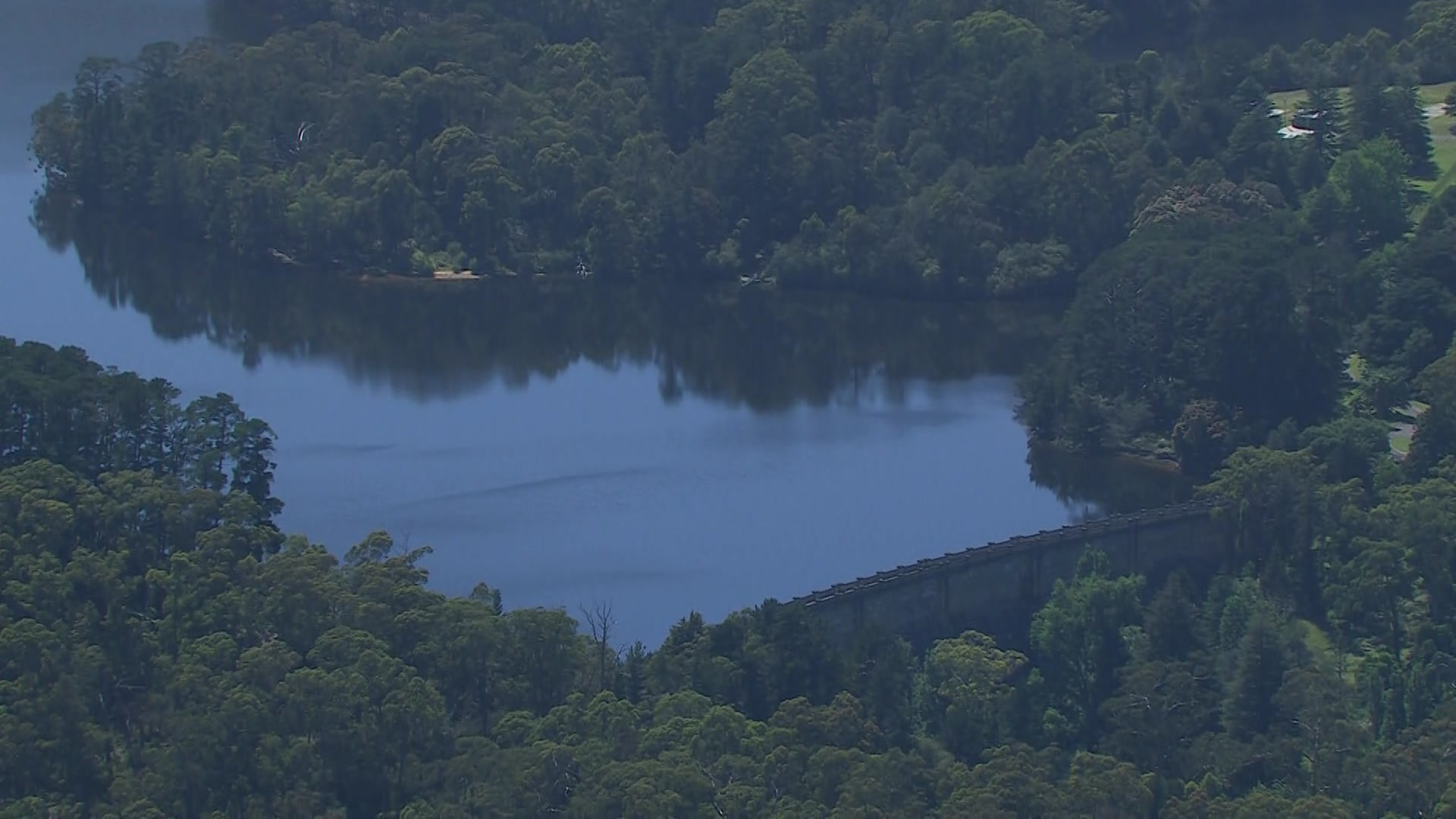 El agua choca contra un muro curvo de la presa con gruesos árboles que rodean la presa a ambos lados.