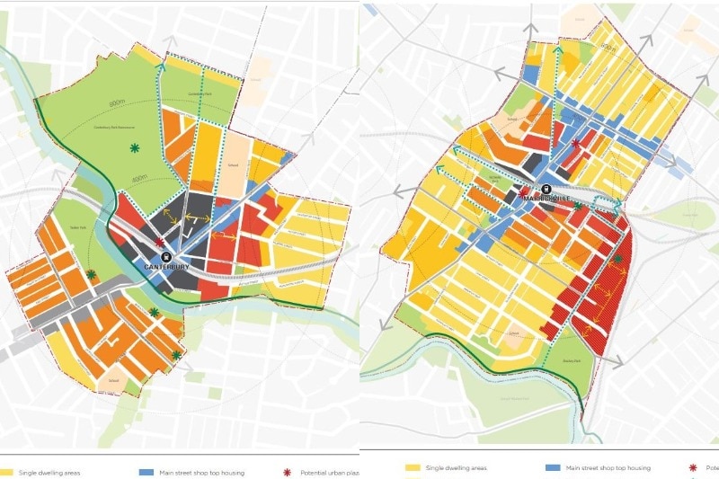 A composite image of maps depicting previous strategies for Canterbury and Marrickville metro rezoning