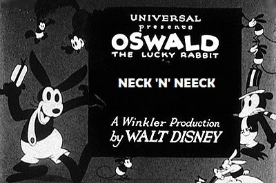 Early Walt Disney Cartoon characters gesture gleefully as they tote placard in opening sequence of short