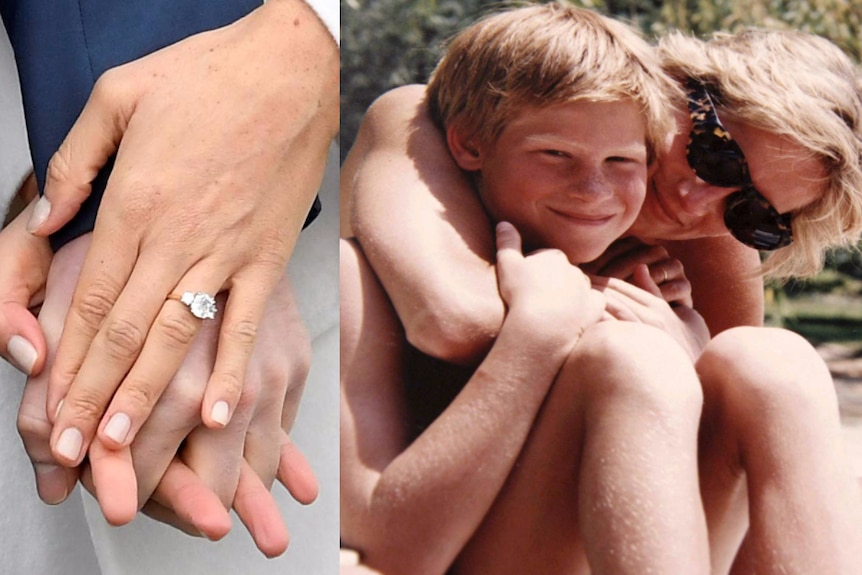 Meghan Markle's engagement ring and an old photo of Princess Diana and Prince Harry.
