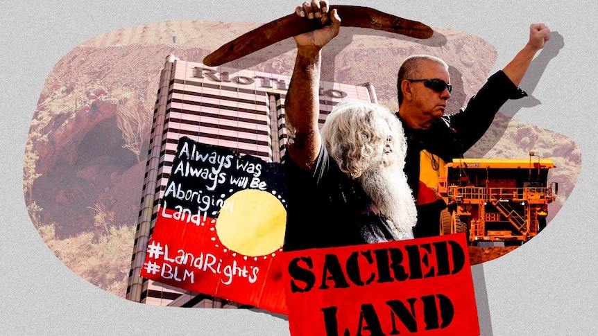 Collage of Aboriginal people protesting and a sign saying Sacred Land amidst mining equipment and Rio Tinto headquarters.