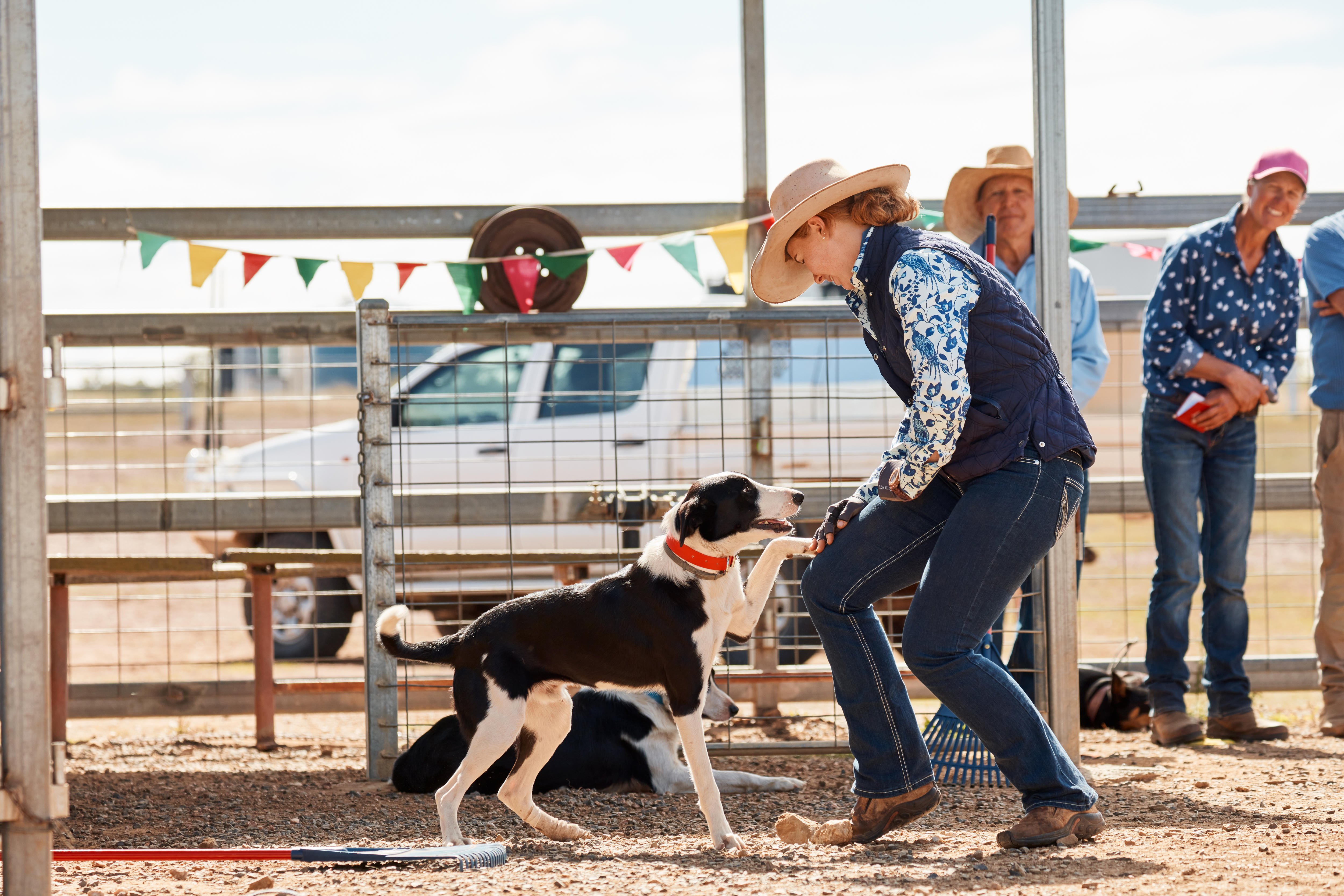 A black and white border collie puts one paw on the knee of a woman who is dressed in country clothing in a stockyard.