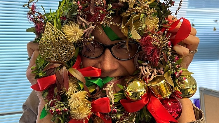 ABC's Lish Fejer peers through a Christmas wreath
