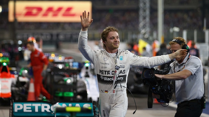 Nico Rosberg celebrates his victory in the Abu Dhabi F1 Grand Prix on November 29, 2015.