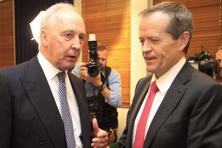 Paul Keating talks to Opposition Leader Bill Shorten at Parliament House in December.