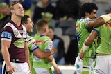Canberra Raiders celebrate in front of Daly Cherry-Evans
