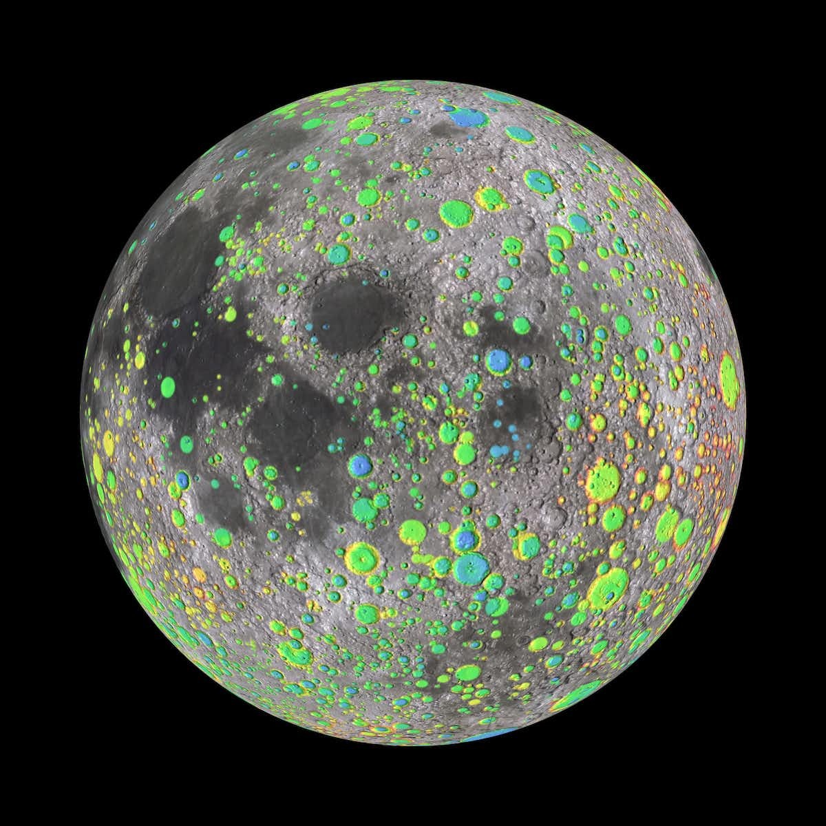 an image of the moon with thousands of craters marked in fluorescent colours
