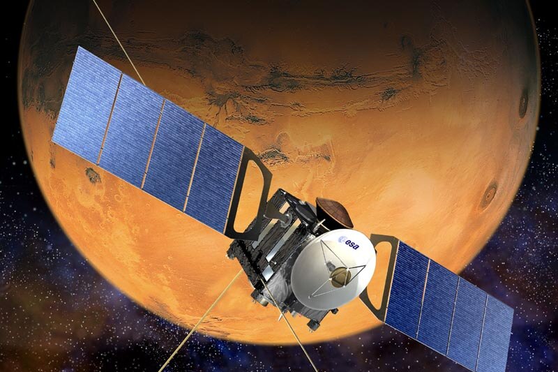 An artist's impression of a spacecraft orbiting a red planet