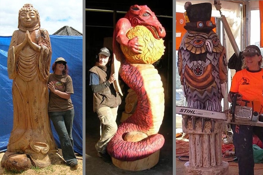 Three images of a woman standing next to chainsaw carvings: a Budda, a dragon, and an owl in a top hat.
