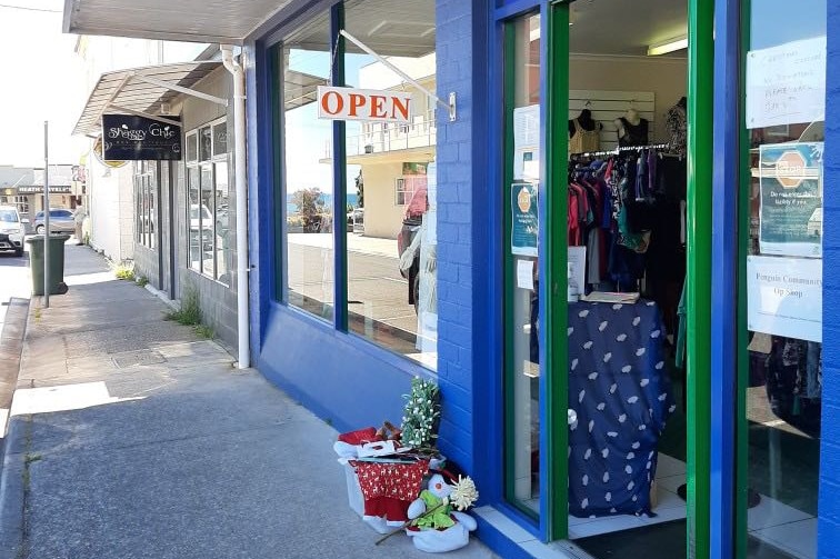 The blue front of a second-hand charity shop with clothes inside and flowers outside the door