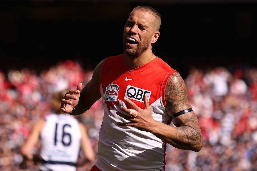 Lance Franklin reacts during the 2022 AFL grand final.