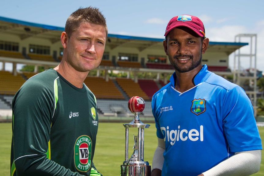 Michael Clarke and Denesh Ramdin with the Frank Worrell Trophy