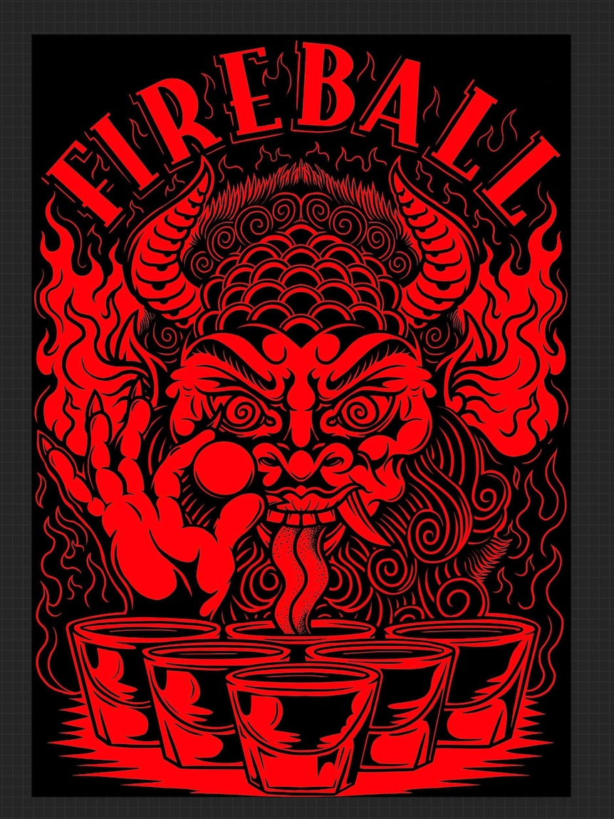An artwork of a red bull, flames and the word fireball on top