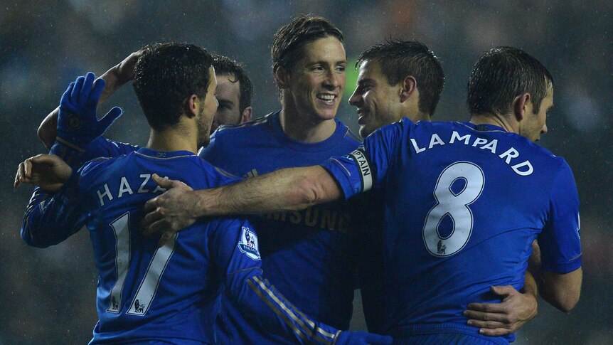 Elland Road drubbing ... Fernando Torres (3R) celebrates after scoring Chelsea's fifth goal.