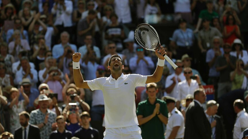 Novak Djokovic celebrates defeating Kevin Anderson in the men's singles final at Wimbledon.