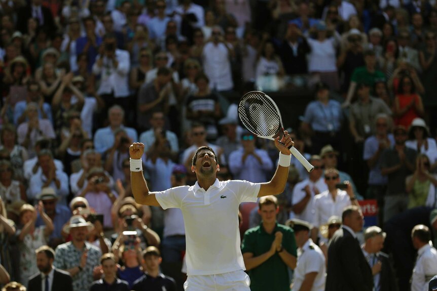 Novak Djokovic celebrates defeating Kevin Anderson in the men's singles final at Wimbledon.