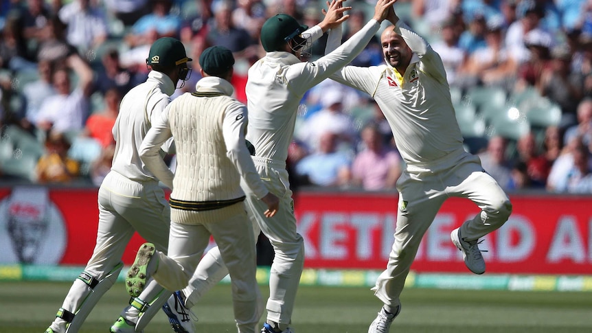 Nathan Lyon smiles and jumps in the air celebrating with three team mates facing away from the camera