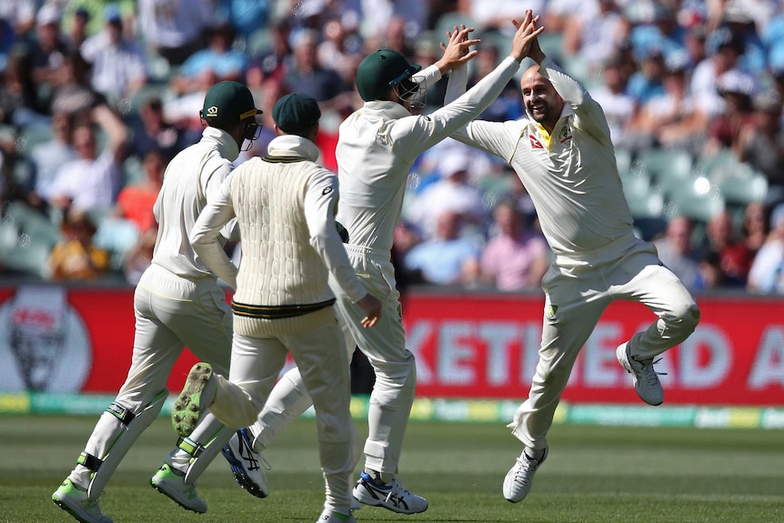 Nathan Lyon smiles and jumps in the air celebrating with three team mates facing away from the camera