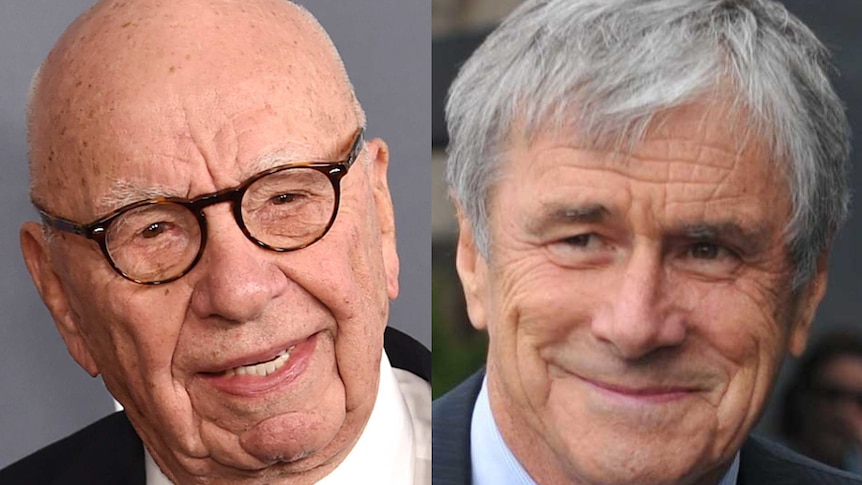 Composite image of headshots of Rupert Murdoch and Kerry Stokes. Both men are smiling slightly and wearing suits.