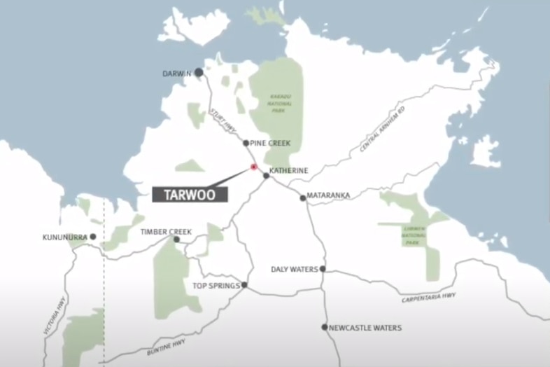 A map of the Northern Territory, highlighting where Tarwoo Station is.