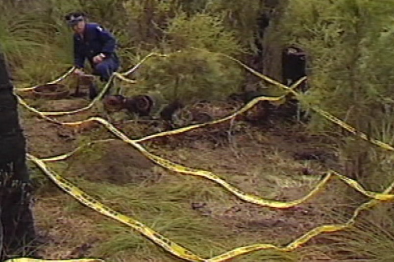 A forensic police officer stands next to criss-crossed strips of yellow crime tape in a bush setting.
