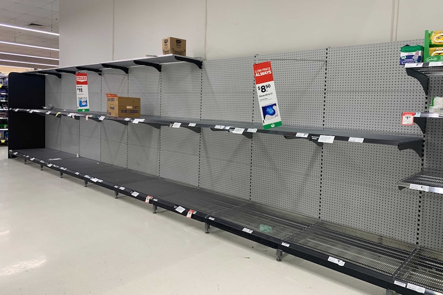 A completely empty grocery store shelf where toilet paper is supposed to be