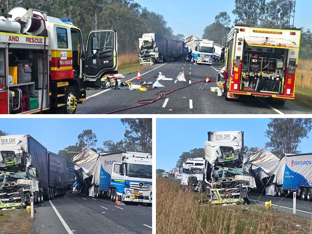 A truck crash on the Bruce Highway. Fire trucks are in attendance.