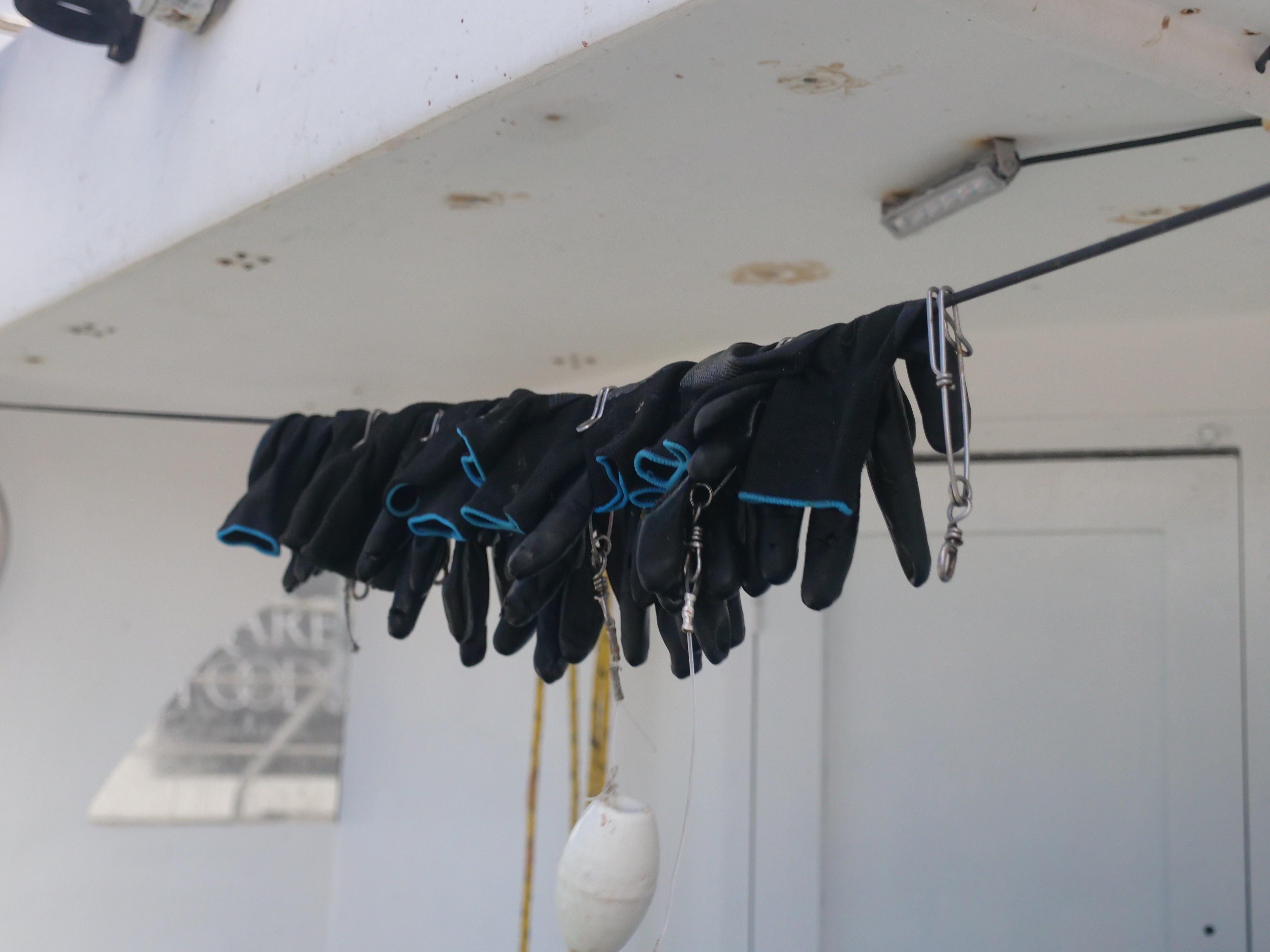 Varios pares de guantes de pesca negros cuelgan de un tendedero de alambre en un barco pesquero. 