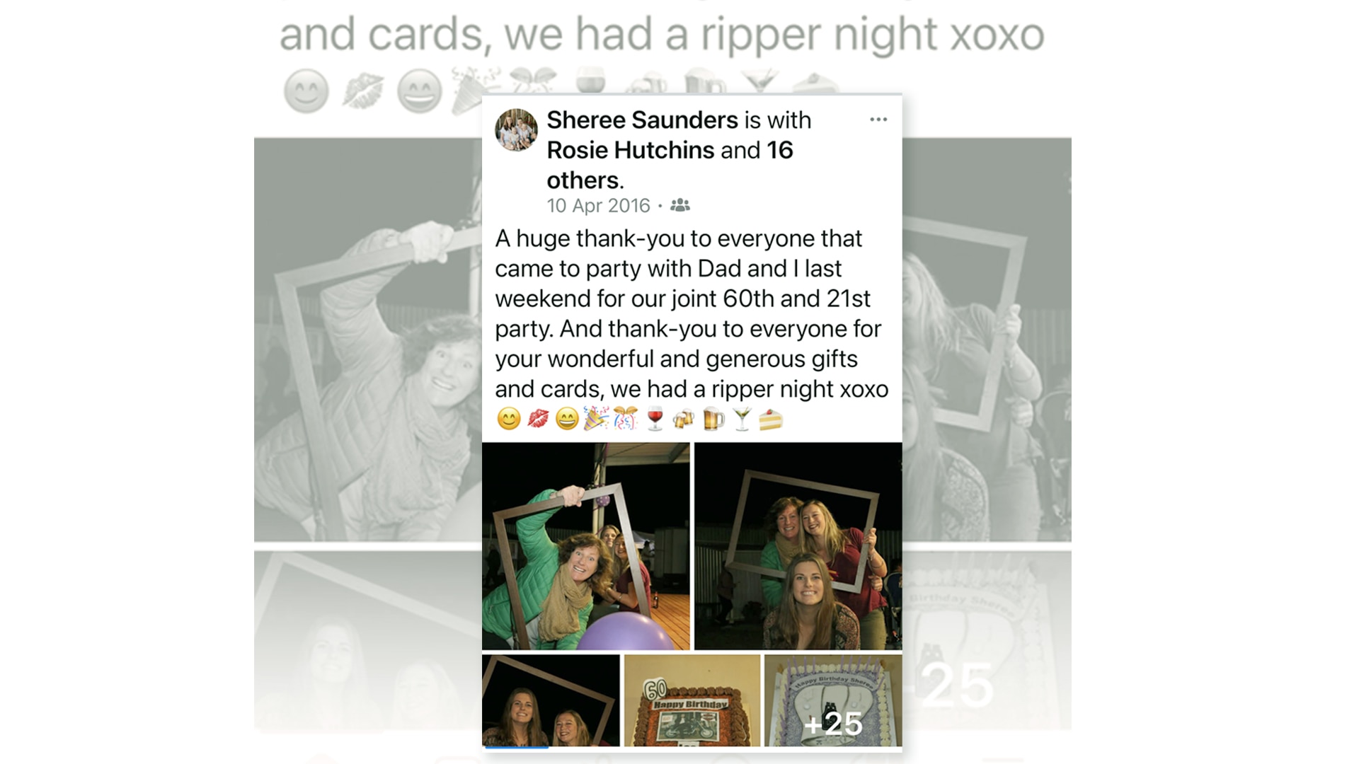 A Facebook post with photos by Sheree thanking everyone for coming to her party and saying it was a ripper night. 