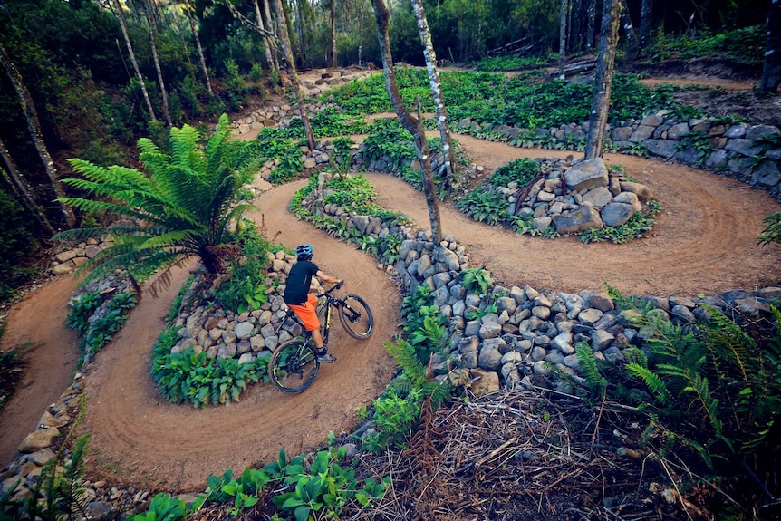 A cyclist navigates tight bends on a constructed mountain bike track.