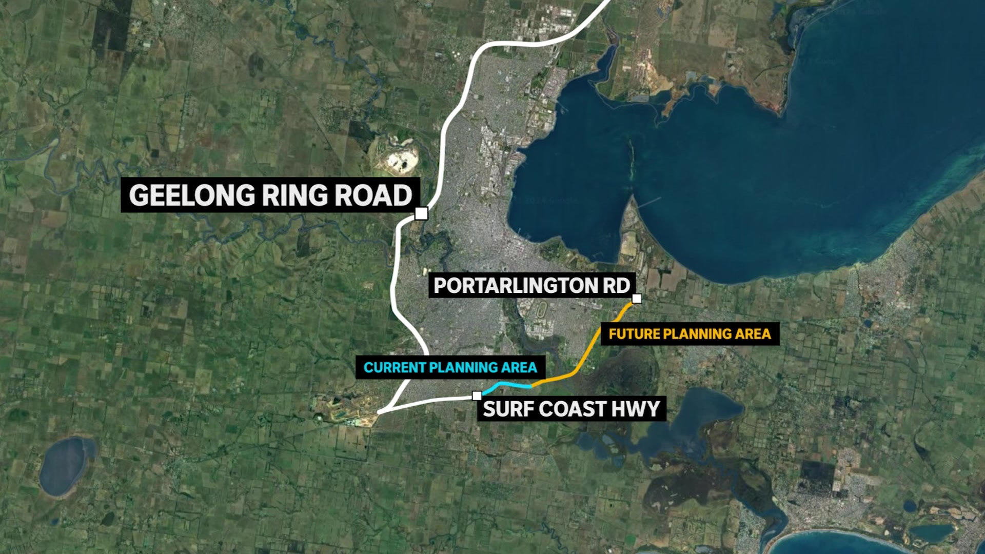 A map showing the Geelong Ring Road encircling Geelong with the bottom quarter of the road in a different colour.