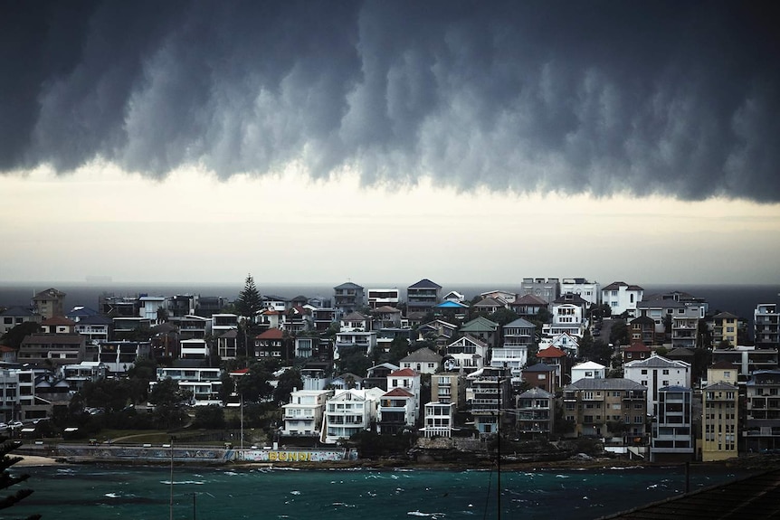 A heavy storm cloud hangs over the suburb of Bondi.