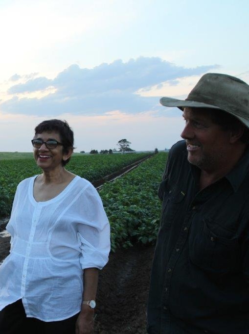 Amorelle Dempster with vegetable farmer Matt Dennis and his son Liam on their Maitland farm