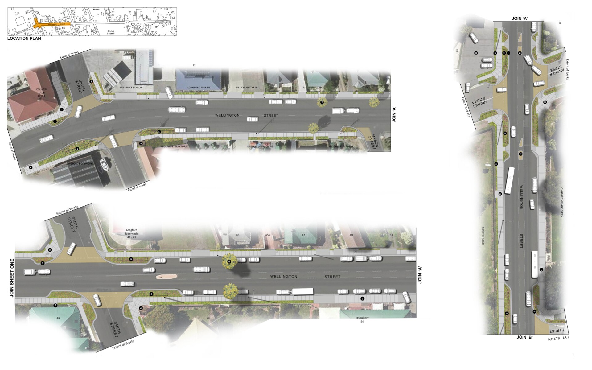 Concept images of the re-design of Wellington Street shows planterboxes and trees beside the road.