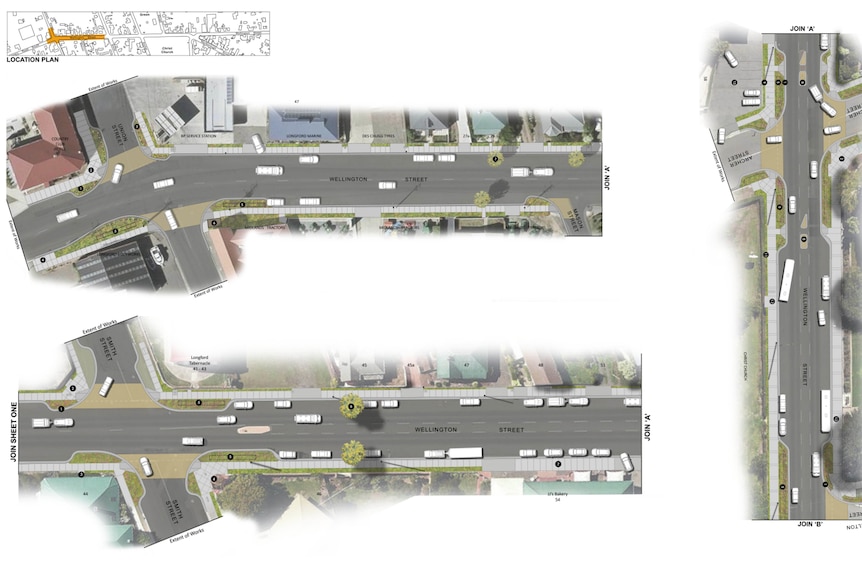 Концептуалните изображения на редизайна на Уелингтън Стрийт показват кашпо и дървета край пътя.