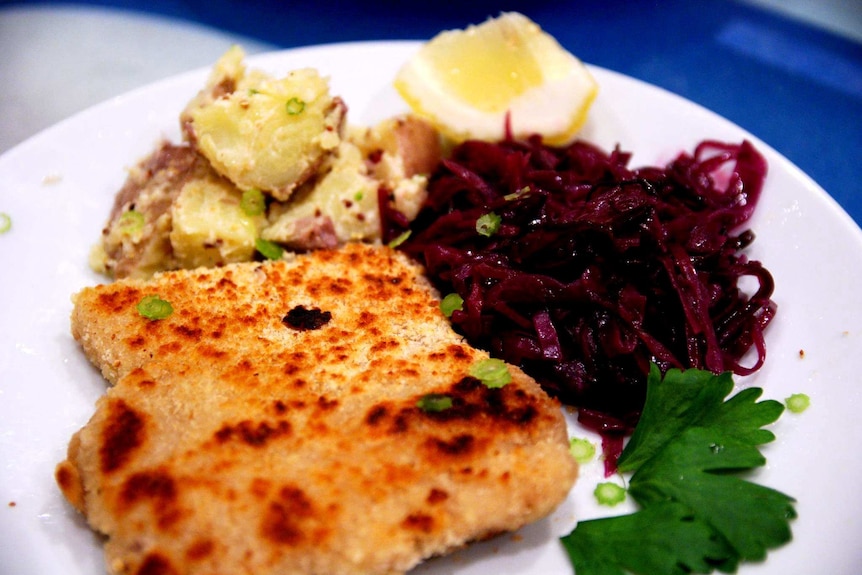 Chicken schnitzel plated with potato salad and braised red cabbage