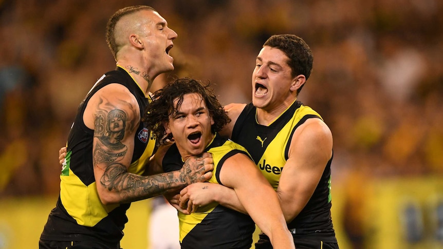 Richmond players celebrate their victory in the preliminary final.