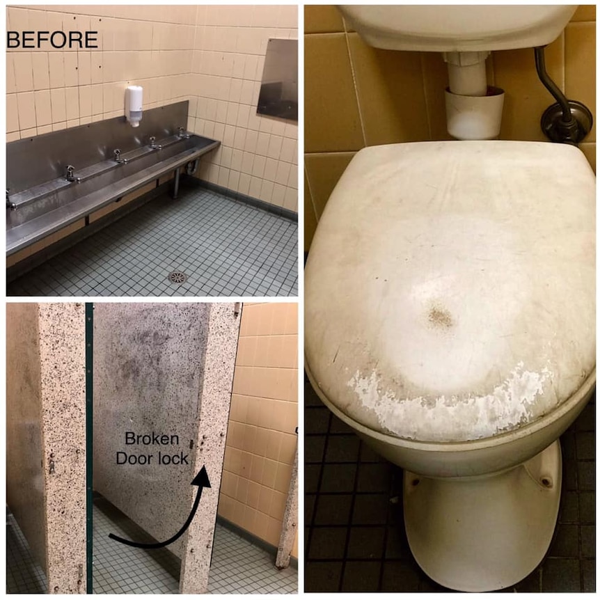 Run down, grotty toilets at a school in Sydney, before they were refurbished.