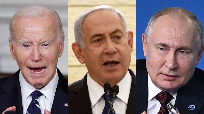 A composite image of Joe Biden, Benjamin Netanyahu and Vladimir Putin