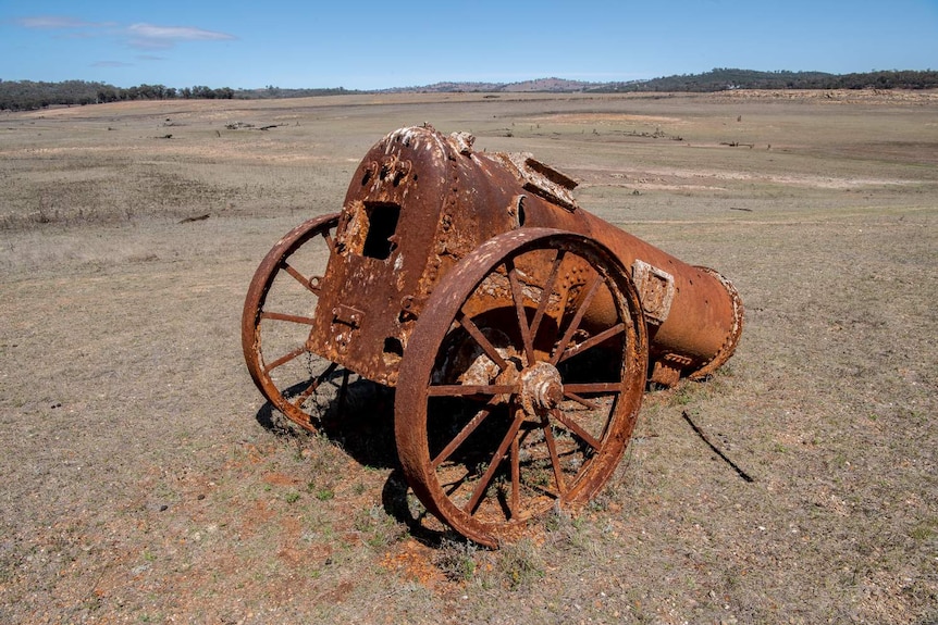 An old boiler is seen on land normally under water in Lake Burrendong, NSW.