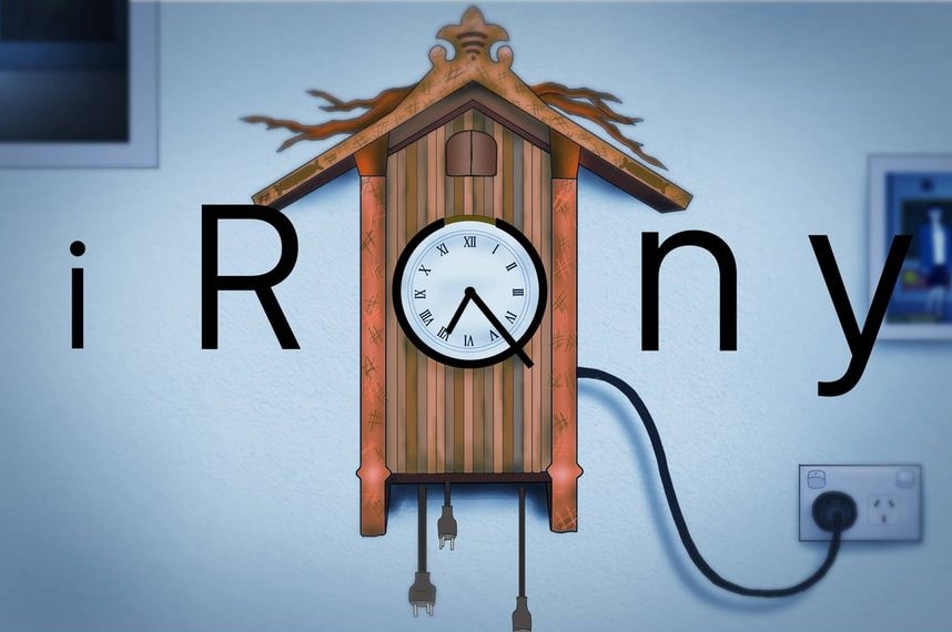 A still image from an animated film showing a grandfather's clock connected to a power socket with the word iRony across it.
