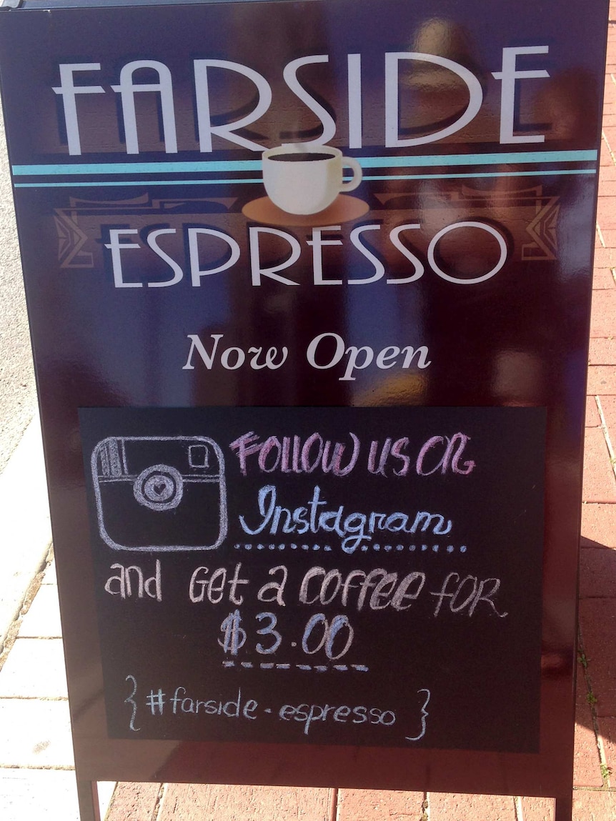Far side espresso bar in North Perth advertising cheap coffee for following them on Instagram