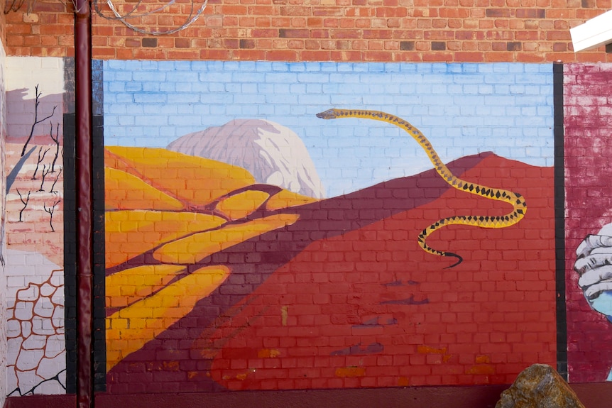 A mural on of a yellow snake on red sand at the Broken Hill prison. 