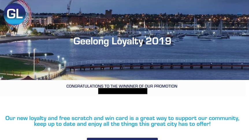 A screenshot of the Geelong Loyalty Website 2019, which contains text such as "congratulations to the winner of our promotion".