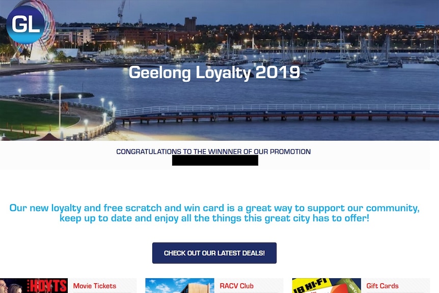 A screenshot of the Geelong Loyalty Website 2019, which contains text such as "congratulations to the winner of our promotion".