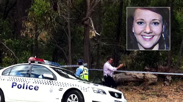 Police cordon off an area of bushland at Bouvard after the body of Jessie Cate (inset) was found.