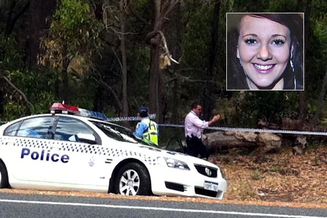 Police cordon off an area of bushland at Bouvard after the body of Jessie Cate (inset) was found.